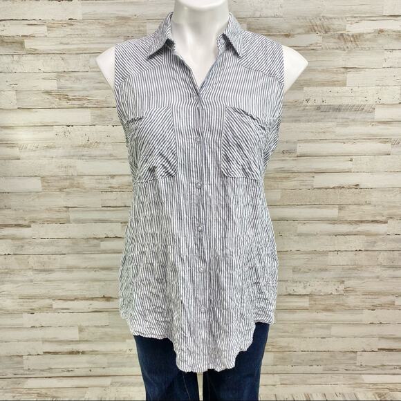 Anthro Drew Striped Top Womens Size S Blue Gray Crinkle Front Knit Back - Picture 3 of 15